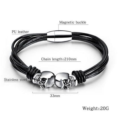 Black Double Skull Bracelets for and / Stainless Steel Bangle Jewelry