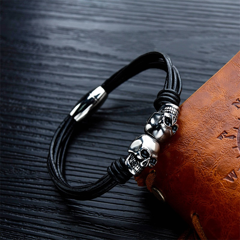 Black Double Skull Bracelets for and / Stainless Steel Bangle Jewelry