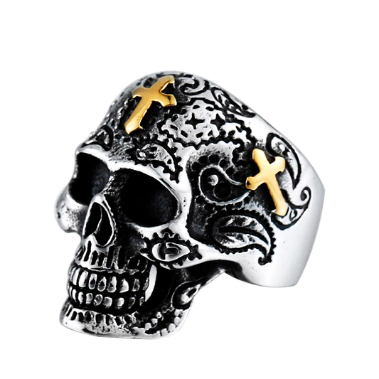 Gothic Skull Ring With Cross / Retro Flower Design Cool Sugar Skull / Biker Jewelry