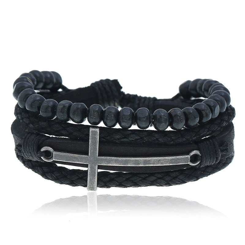 Leather Bracelets With Cross / Adjustable Wax Cord Bracelet in Rock Style