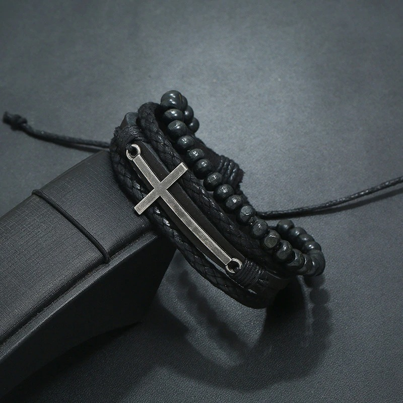 Leather Bracelets With Cross / Adjustable Wax Cord Bracelet in Rock Style