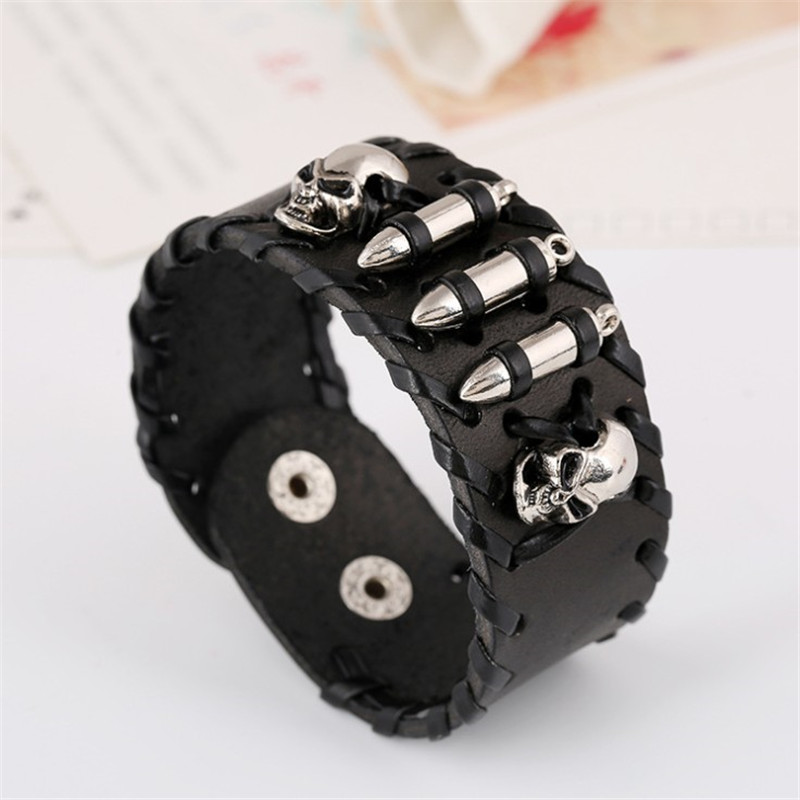 Metal Skull Leather Bracelet for and / Wide Bracelet
