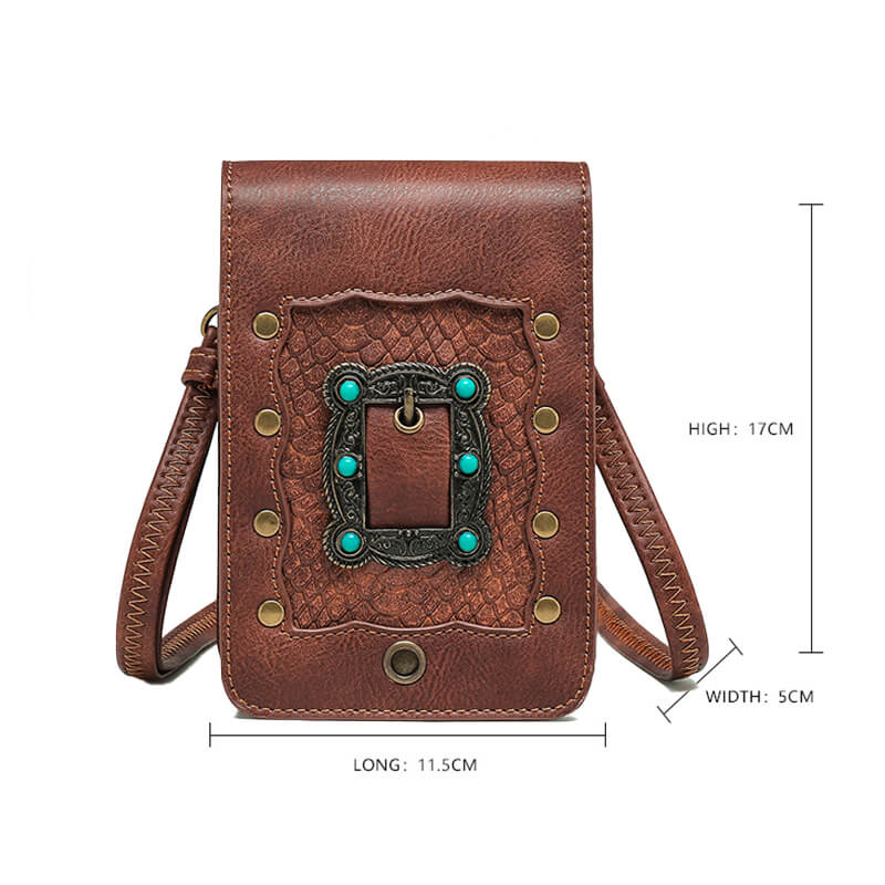 Brown Turquoise Inlaid Leather Bag