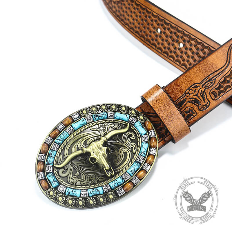 Bull Head Western Cowboy Pu Leather Belt