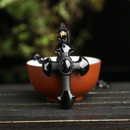 Cross Obsidian Frosted Pendant