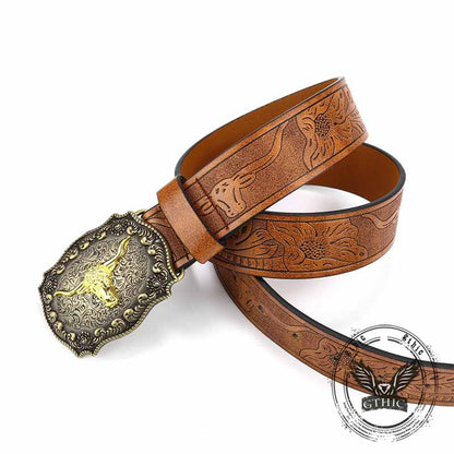 Embossed Bull Western Cowboy Pu Leather Belt