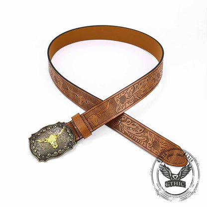 Embossed Bull Western Cowboy Pu Leather Belt