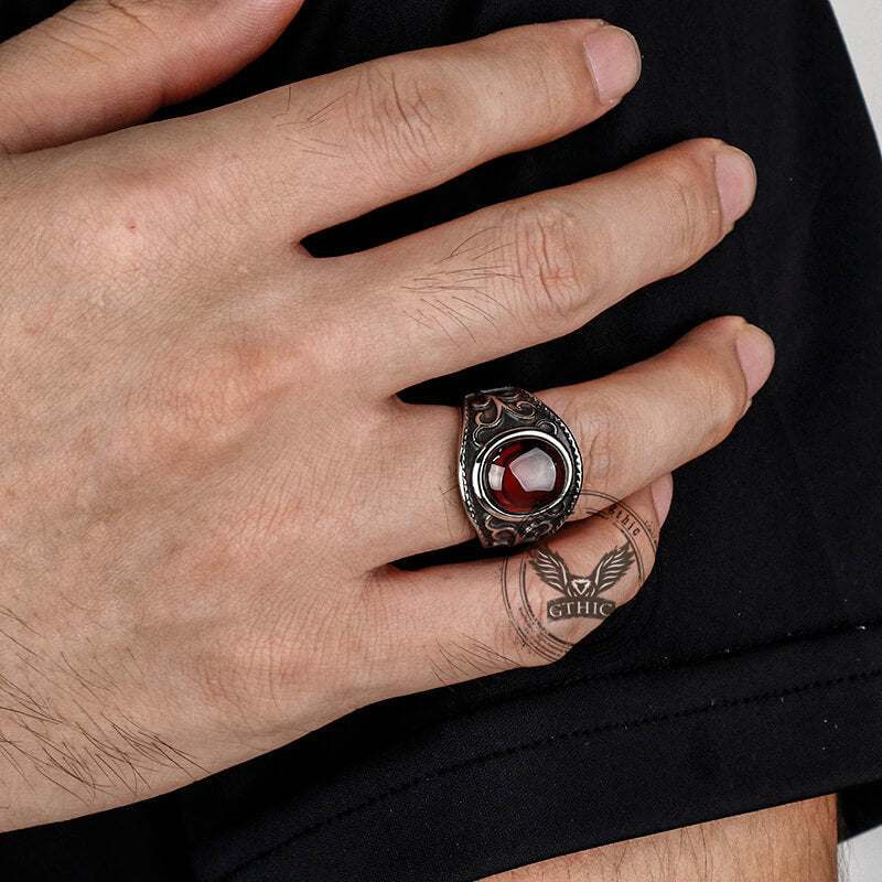 Engraved Flowers Ruby Stainless Steel Ring