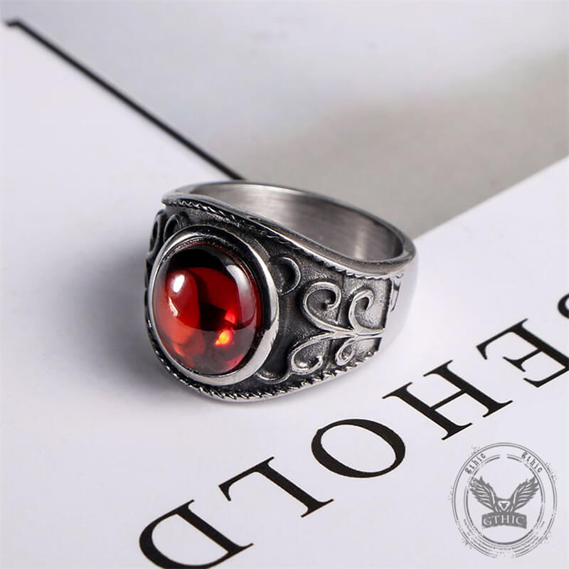 Engraved Flowers Ruby Stainless Steel Ring