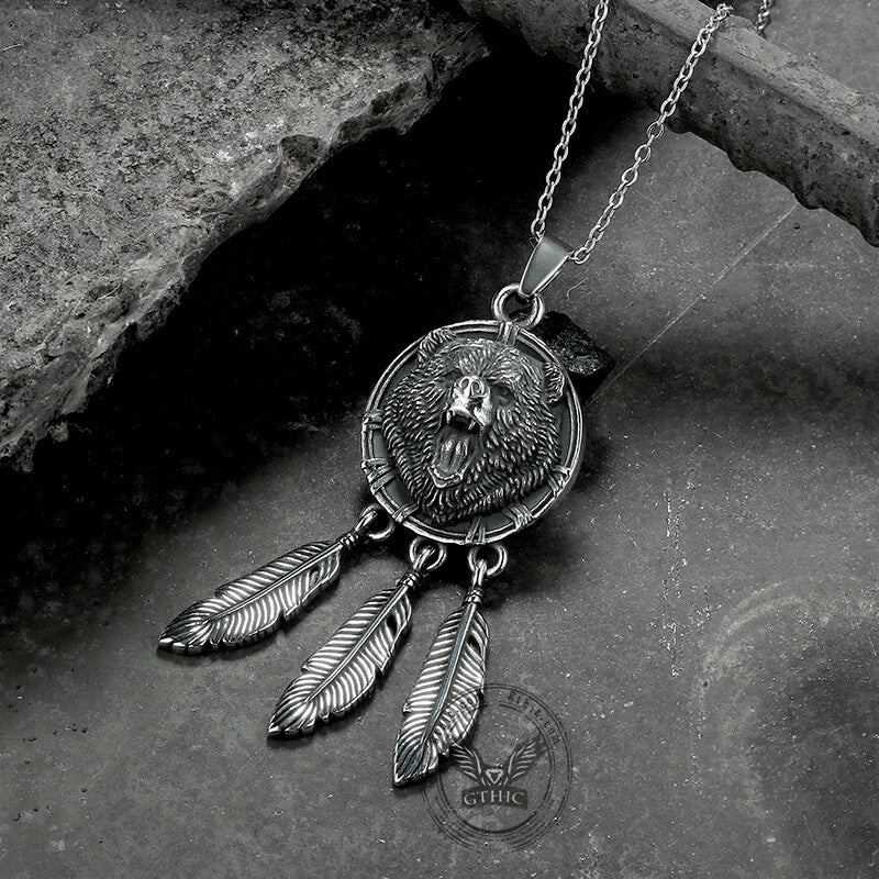 Feather Bear Head Stainless Steel Animal Pendant