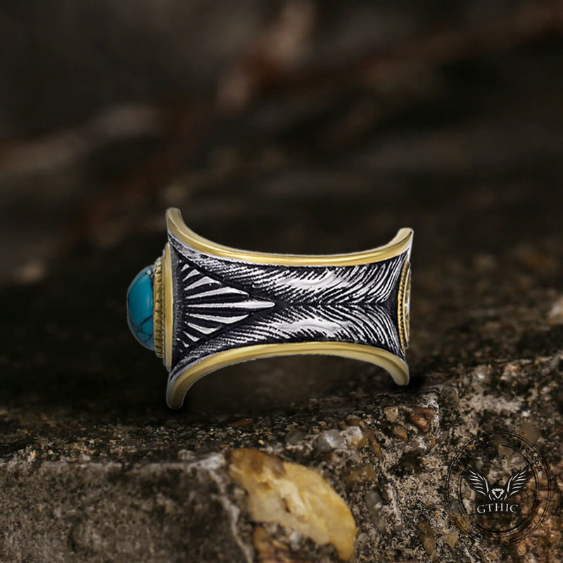 Feather Inlaid Turquoise Stainless Steel Ring