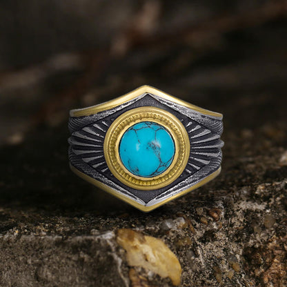 Feather Inlaid Turquoise Stainless Steel Ring