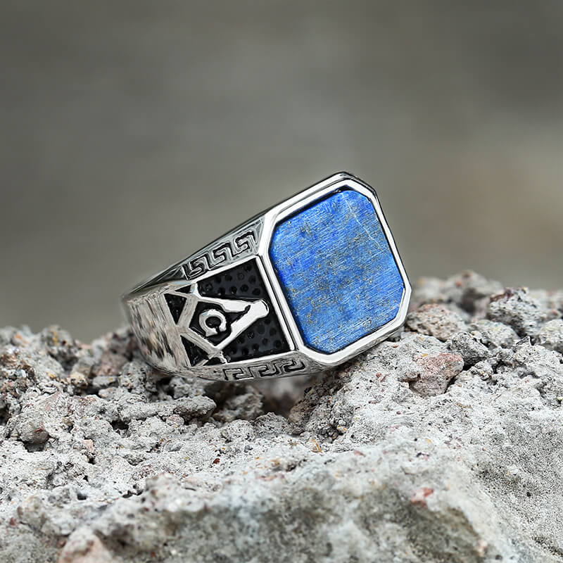Frosted Lapis Lazuli Masonic Stainless Steel Ring