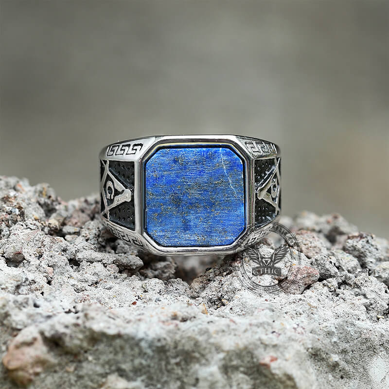 Frosted Lapis Lazuli Masonic Stainless Steel Ring