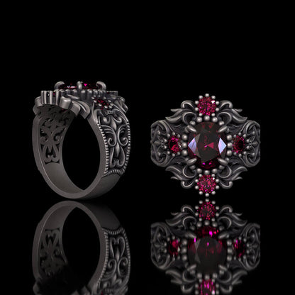 Gem-set Hollow Sterling Silver Gothic Ring