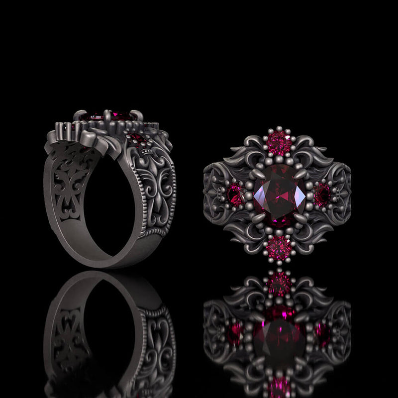 Gem-set Hollow Sterling Silver Gothic Ring