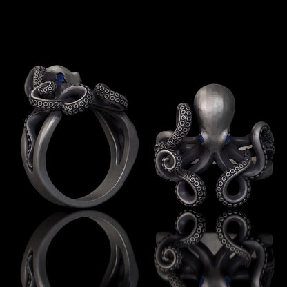 Gem Eye Octopus Tentacle Sterling Silver Marine Ring