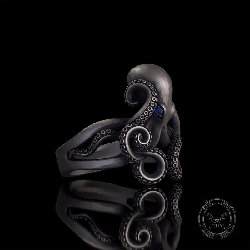 Gem Eye Octopus Tentacle Sterling Silver Marine Ring