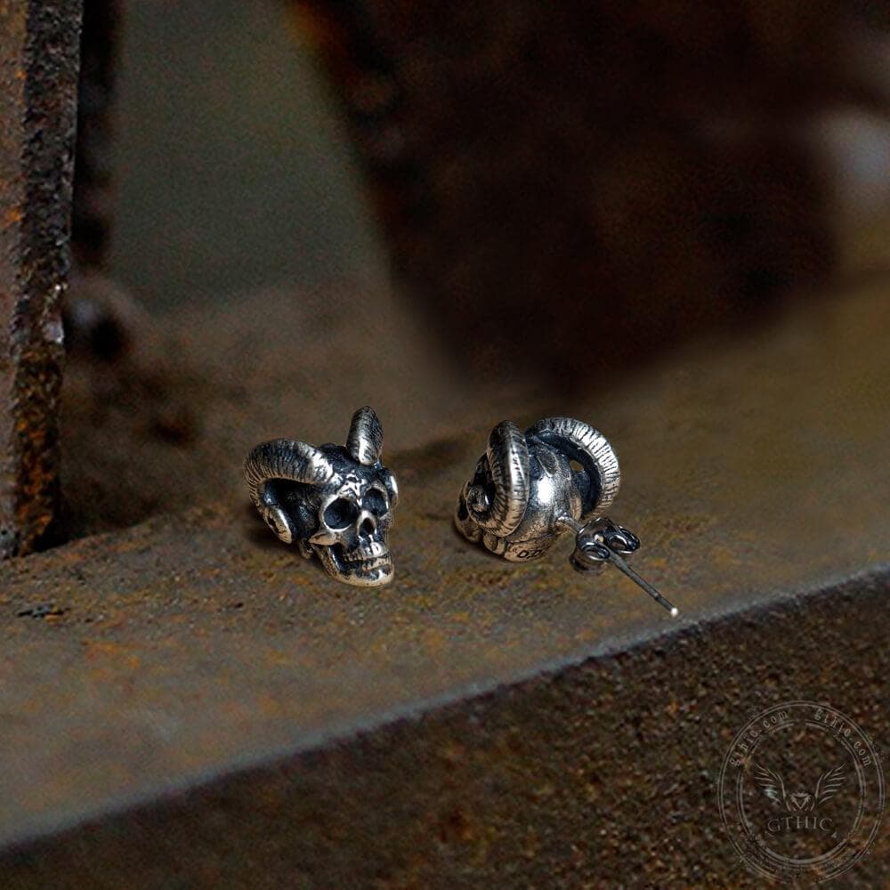 Goat Head Skull Sterling Silver Stud Earrings