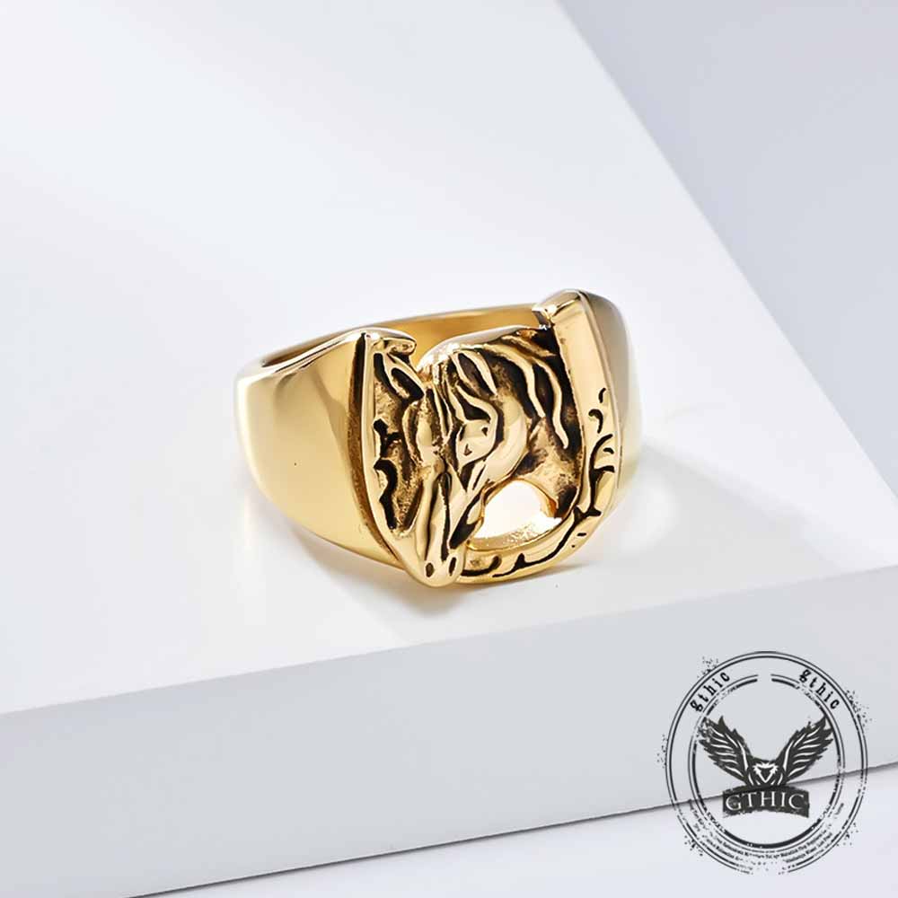 Horseshoe Horse Head Stainless Steel Ring