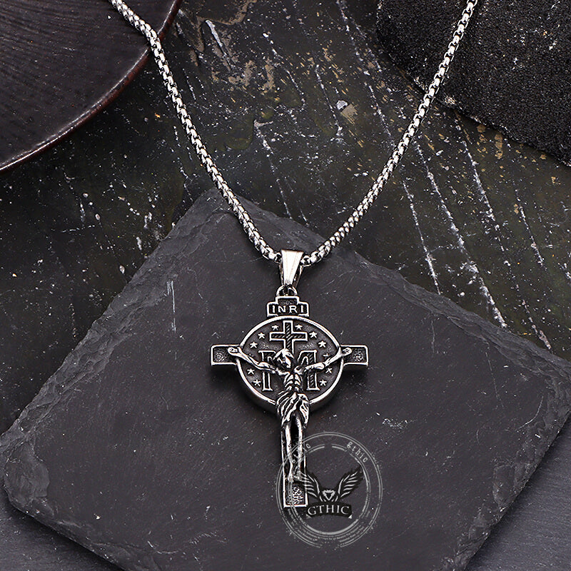 Jesus Suffering Inri Cross Stainless Steel Pendant