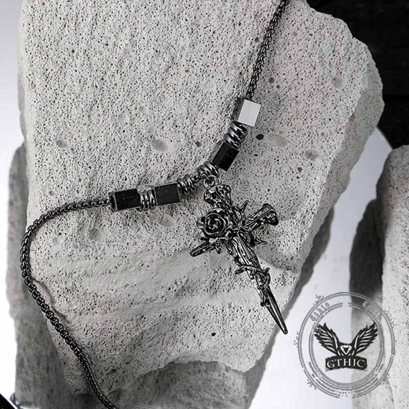 Nail Cross Thorn Rose Alloy Necklace