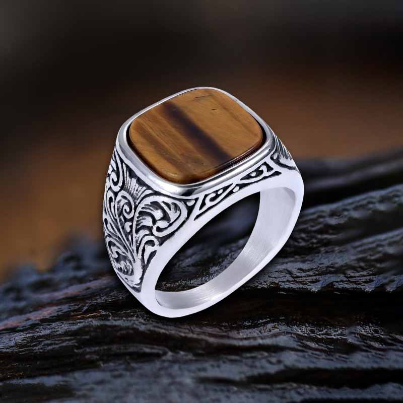 Pattern Square Turquoise Stainless Steel Ring