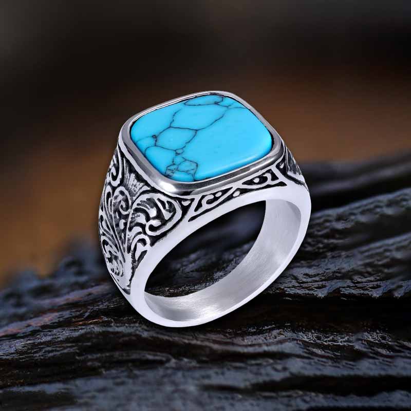 Pattern Square Turquoise Stainless Steel Ring