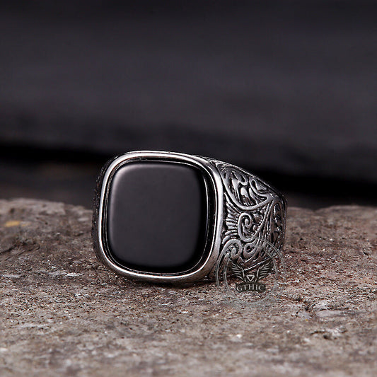 Pattern Square Turquoise Stainless Steel Ring