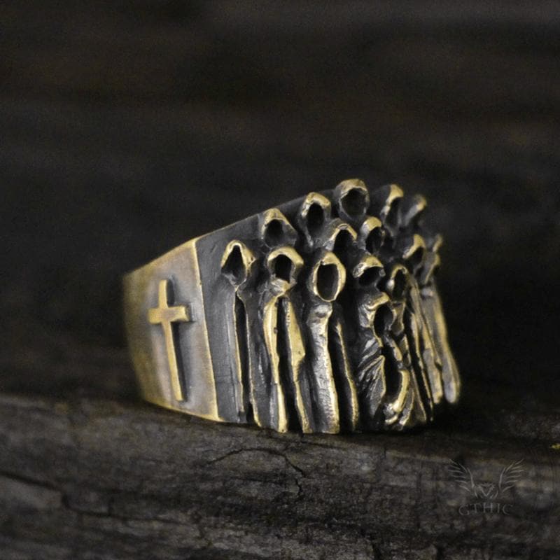 Ruin Cross Brass Sterling Silver Skull Ring
