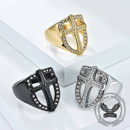 Shield Cross Diamond Stainless Steel Ring
