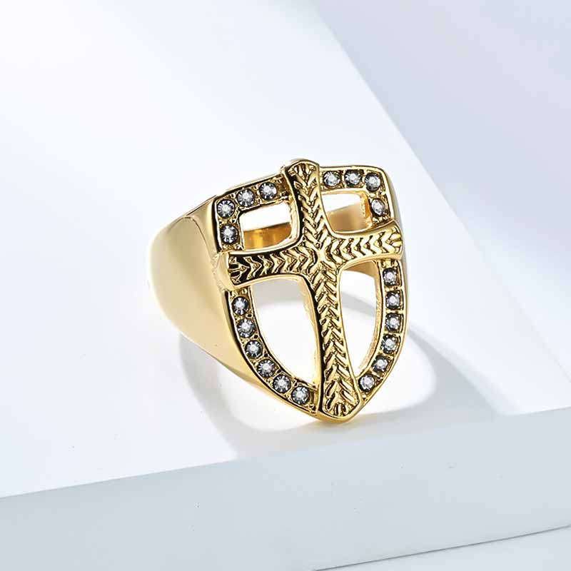 Shield Cross Diamond Stainless Steel Ring