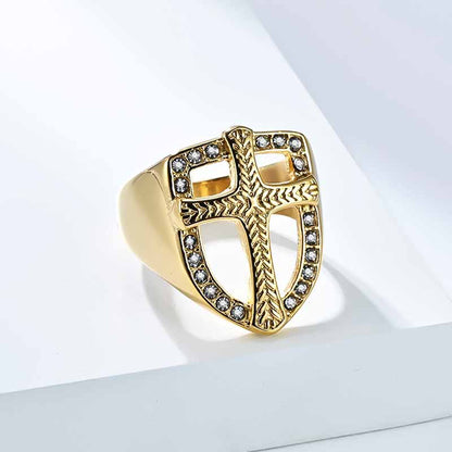 Shield Cross Diamond Stainless Steel Ring