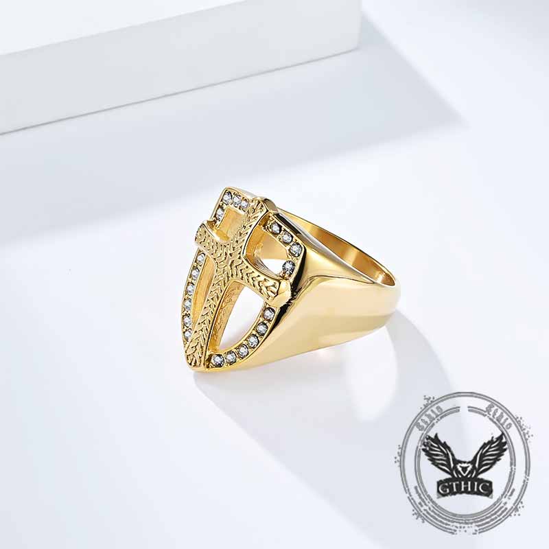 Shield Cross Diamond Stainless Steel Ring