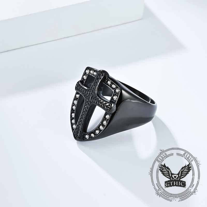 Shield Cross Diamond Stainless Steel Ring
