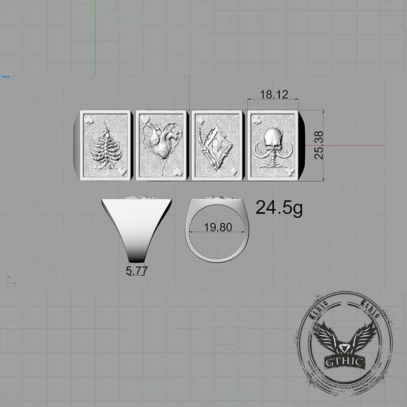 Square Skull Playing Card Sterling Silver Ring