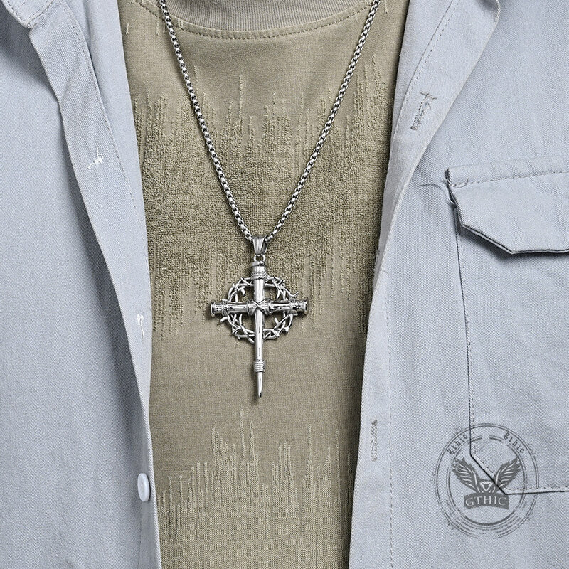 Thorn Wreath Stainless Steel Cross Pendant