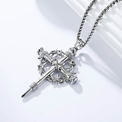 Thorn Wreath Stainless Steel Cross Pendant