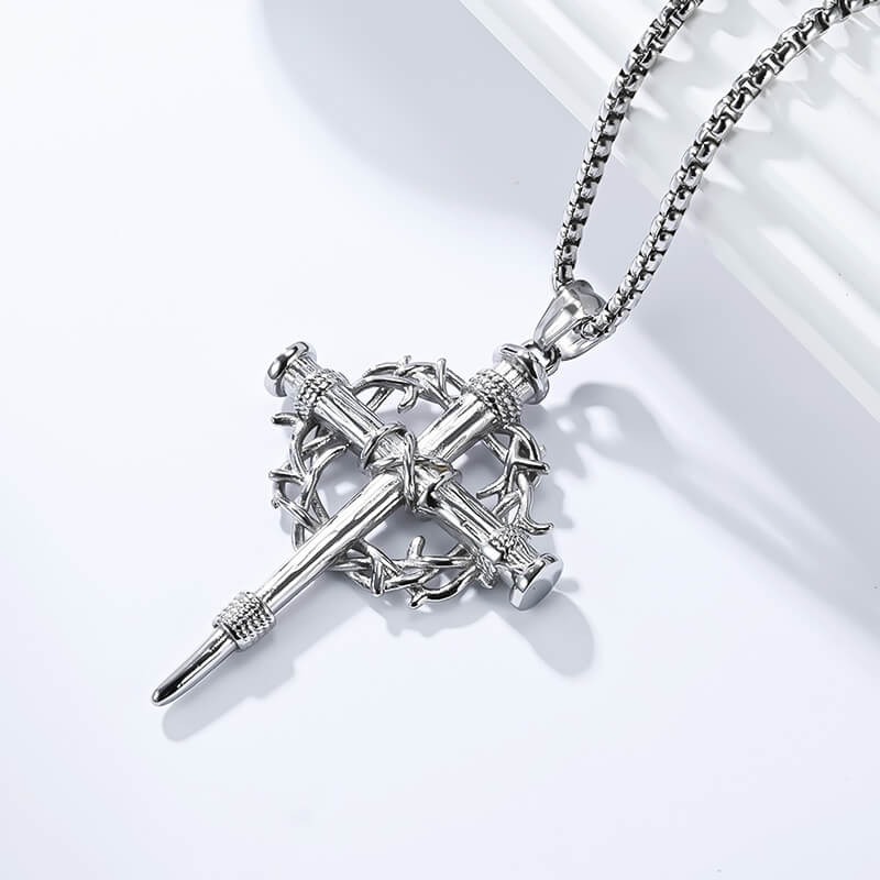 Thorn Wreath Stainless Steel Cross Pendant