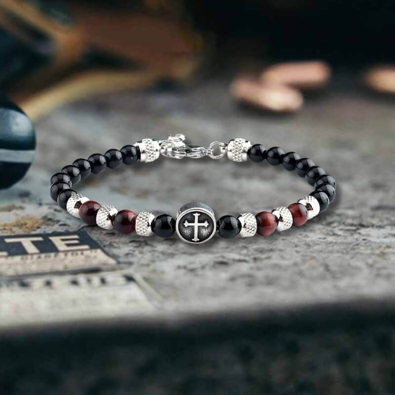 Tiger Eye Cross Stainless Steel Beaded Bracelet