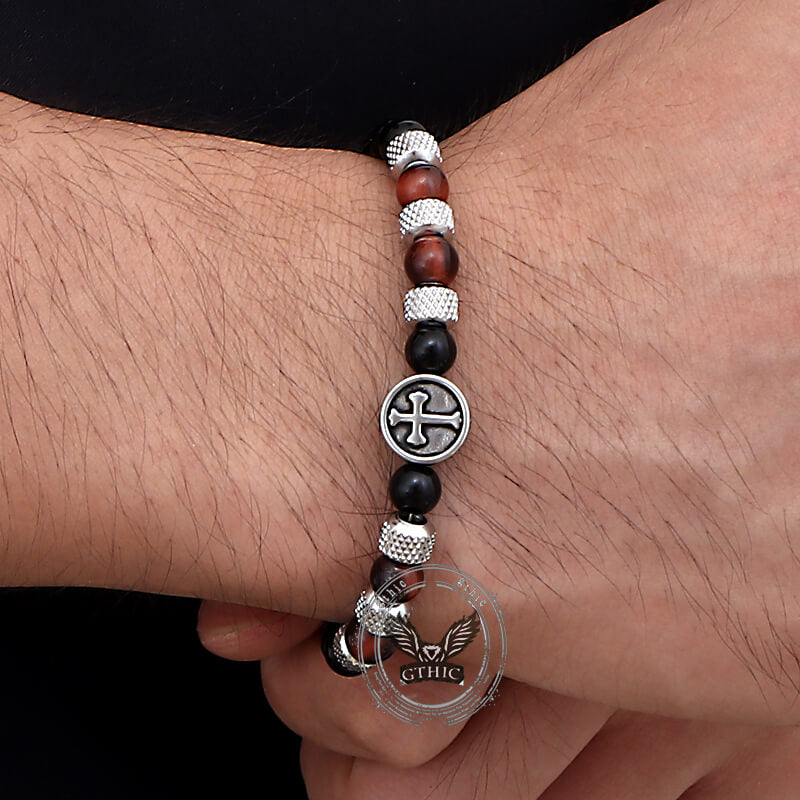 Tiger Eye Cross Stainless Steel Beaded Bracelet