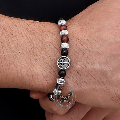 Tiger Eye Cross Stainless Steel Beaded Bracelet