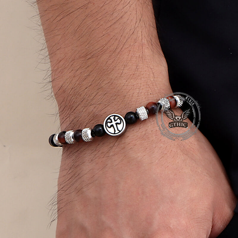 Tiger Eye Cross Stainless Steel Beaded Bracelet