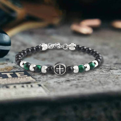 Tiger Eye Cross Stainless Steel Beaded Bracelet