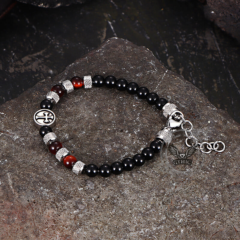 Tiger Eye Cross Stainless Steel Beaded Bracelet