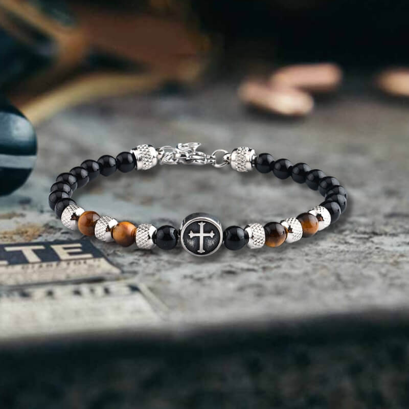 Tiger Eye Cross Stainless Steel Beaded Bracelet