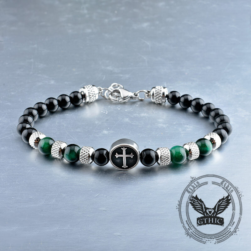 Tiger Eye Cross Stainless Steel Beaded Bracelet