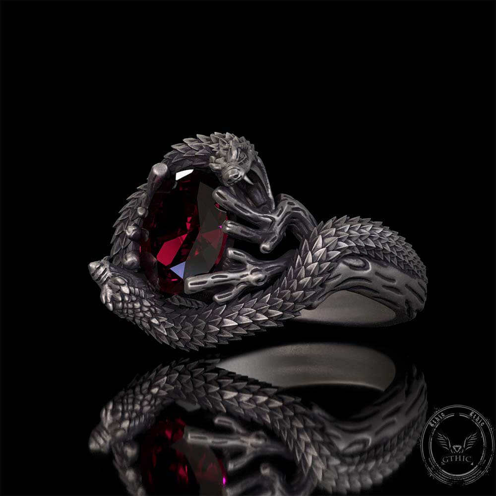 Two Dragons Playing With Gem Sterling Silver Ring
