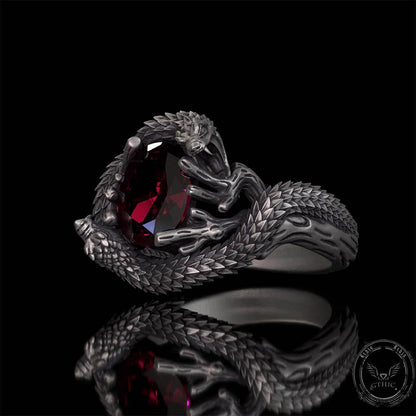 Two Dragons Playing With Gem Sterling Silver Ring