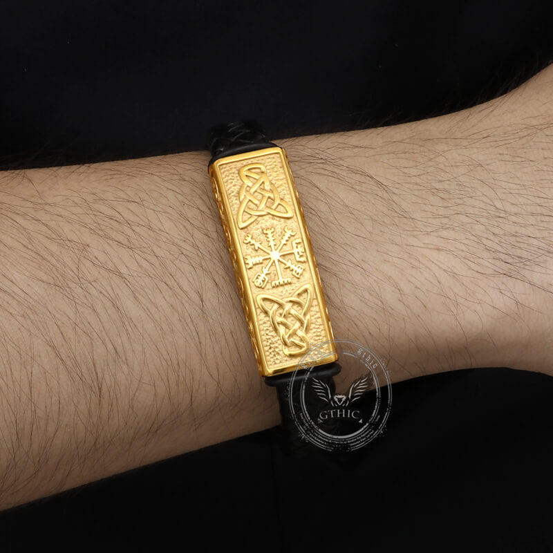 Viking Rune Stainless Steel Leather Bracelet